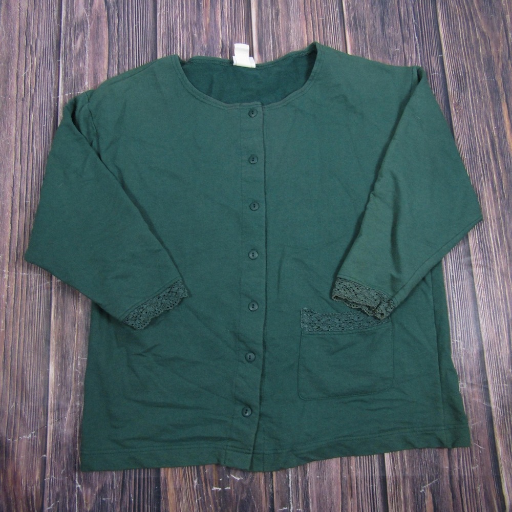 Styleworks Womens Large Green Cardigan Sweater Crochet Pockets USA Granny Core